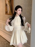 法式温柔风收腰高级感气质长袖雪纺泡泡袖白色连衣裙仙女夏季