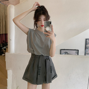夏季韩版小香风显瘦T恤+双排扣绑带设计感高腰阔腿西装短裤女