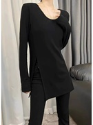 黑色开叉长袖t恤女春季高级感穿搭宽松显瘦中长款今年打底衫