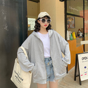 极速一件代发    韩版时尚印花蝙蝠袖拉链外套女薄款宽松bf连帽卫