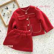2022冬季韩版女童毛呢小香风套装儿童红色夹棉加厚外套+短裙