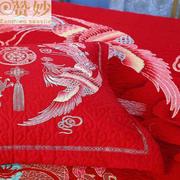 婚庆全棉床盖三件套床罩纯棉床裙2022年绗缝被，高级红色结婚用