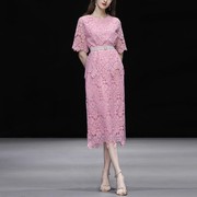 夏季女装2023时尚气质玫粉色蕾丝短袖上衣包臀裙长裙裙子套装