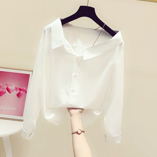 一字领露肩镶钻吊带长袖，白色雪纺衬衫，女2022秋季韩版休闲衬衣