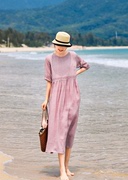 肉粉红色苎麻连衣裙薄款女装2024高端刺绣棉麻复古裙子女夏季