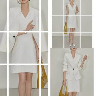 2023春秋职业时尚无领收腰白色，高级感西装，连衣裙女修身两件套