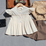 夏季女童2023法式圆领飞飞袖衬衫女孩娃娃衫镂空纯棉洋气上衣