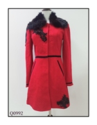 珍思薇尼冬季红色女装拼接风衣单排扣立体收腰钉珠女短款外套