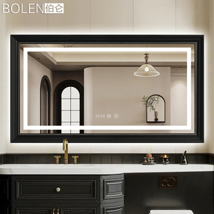 bolen美式奢华带灯浴室镜复古欧式卫生间镜子壁挂，洗手间装饰镜子