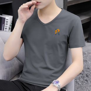 男士短袖t恤2022夏季韩版潮流纯棉半袖小衫V领体桖男装上衣服
