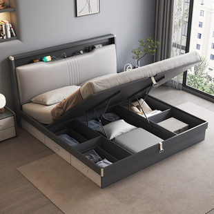 床现代简约高箱气动储物床1.8米主卧侧抽双人床，1.5米榻榻米板式床