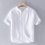 亚麻短袖衬衫圆领男士休闲透气柔软棉麻料日系宽松潮立领白色衬衣
