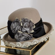 重工羊毛圆顶帽毛呢卷边秋冬季呢子帽子女士优雅时尚英伦礼帽女