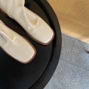 狂爱！重磅好货~软皮方头平底白色弹力靴韩国学院风短靴子女单靴