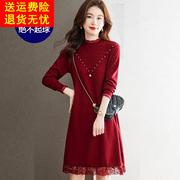 针织羊毛连衣裙女酒红色中长款宽松毛衣配大衣毛衣裙(毛，衣裙)打底半身裙厚