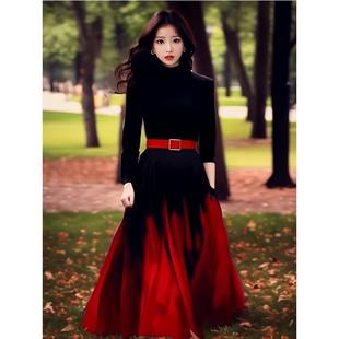 渐变红色连衣裙子女春装，高端精致气质赫本风新年战袍，欧美宴会长裙
