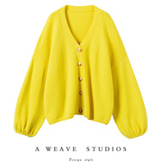 重磅加厚!柠檬黄灯笼，袖v领粗针羊绒毛衣，开衫女纯羊绒针织开衫