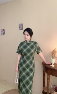 自制款大码胖mm夏季新中式绿格子纯棉民国风改良版旗袍连衣裙