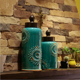  地中海陶瓷家居饰品摆件储物罐 蓝色立体浮雕做旧花瓶