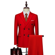 男士商务休闲套装双排，扣西服套装大红色，结婚正装职业装纯色外套男