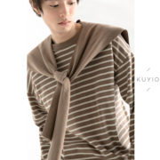 KUYIOU/法式慵懒 可脱卸披肩横条纹打底领长袖针织纯棉T恤男 T01