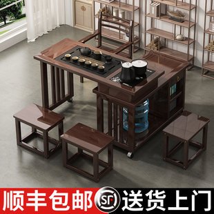 阳台旋转茶桌家用可移动小型茶台多功能茶几，套装实木喝茶桌椅组合