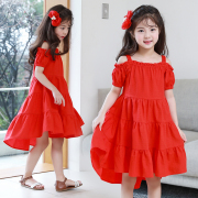 儿童前短后长沙滩裙，女童夏装连衣裙韩版中大童红色吊带露肩公主裙