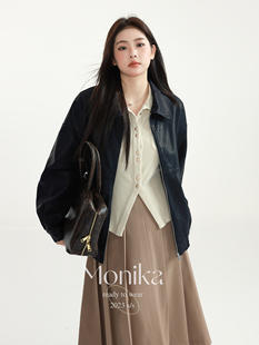 摩妮卡大码长袖韩版翻领皮衣，春季女装胖mm宽松夹克开衫外套