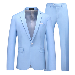 天蓝色西装男两件套修身大码职业，宽松220斤青年，商务礼服休闲裤子