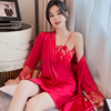 大红色夏季性感睡衣女长袖冰丝吊带睡裙丝绸睡袍薄款短裙两件套装