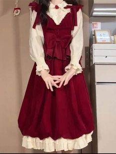 两件套装甜酷跨年红色蝴蝶结背带，公主花苞裙子女，+娃娃领花边衬衫
