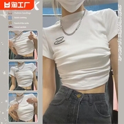 辣妹纯欲风短袖t恤女2023夏季性感高腰紧身露脐短款上衣印花