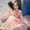 女童雪纺连衣裙2023韩版荷叶，边波点长裙小女孩，清新长袖公主裙