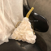 ugals三角仙女天然贝母亮片贝壳，包晚宴(包晚宴，)手工编织串珠珍珠包手提包