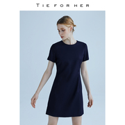 TieForHer BC系列 藏青色圆领短袖连衣裙女气质通勤职场裙子夏