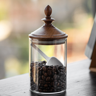 梵瀚 黑胡桃木日式复古咖啡豆储存罐木盖玻璃储物罐密封收纳罐