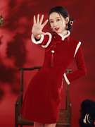 红色旗袍冬季厚过年小袄拜年服短款小个子长袖改良年轻款连衣裙女