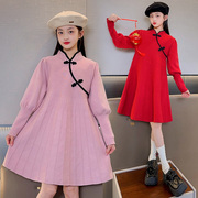 女童旗袍裙红色粉色春秋小女孩复古中国风连衣裙薄款针织毛衣裙