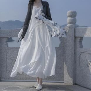 白色裙子扎染双层纯棉连衣裙纯色自制文艺长款外穿吊带裙