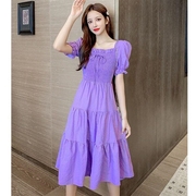 今年流行紫色裙子棉绸格子方领短袖连衣裙女夏季收腰拼接过膝长裙
