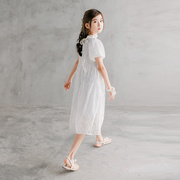 2023女童公主裙夏季儿童韩版洋气一字领蕾丝连衣裙珍珠蕾丝裙