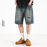 Ceecuz破洞做旧直筒牛仔短裤男款夏季美式潮流宽松阔腿五分裤
