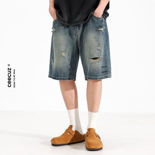 ceecuz破洞做旧直筒，牛仔短裤男款夏季美式潮流宽松阔腿五分裤