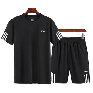 运动套装男夏季休闲两件套健身服，晨跑跑步速干衣宽松圆领t恤短袖