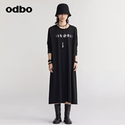odbo/欧迪比欧原创设计主题印花连衣裙女秋装中长款T恤裙