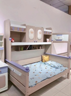 橡木儿童床带书架衣柜储物节省空间1.2米可爱风床1.5米大孩全实木