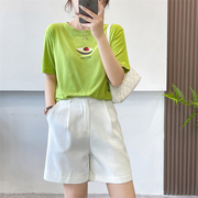 惠衣阁夏季女棉质短袖，t恤衫圆领上衣韩版休闲百搭绿色t恤弹力上衣