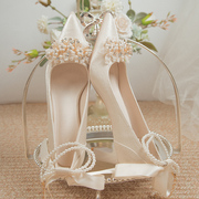 法式绸缎主婚鞋新娘鞋女平时可穿不累脚粗跟主纱婚礼服高跟鞋