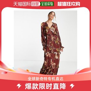 香港直邮潮奢 tall 女士设计长筒花朵层叠前绑带缎面条纹长款连衣