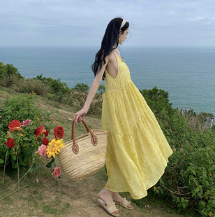 黄色超仙女大摆a字中长款减龄度假风海边沙滩裙吊带裙连衣裙夏季